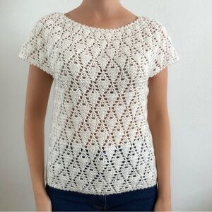 Vintage 60s crochet homemade knit blouse white small medium
